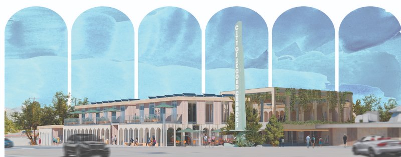 An exterior perspective of the City of Second Chances, showcasing its modern facade with eco-conscious design elements like greenery and shading slats.