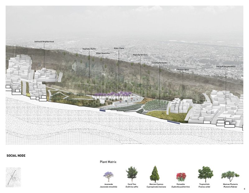 Designing inclusive spaces: Social nodes integrate nature, amenities, and community for hillside resilience.