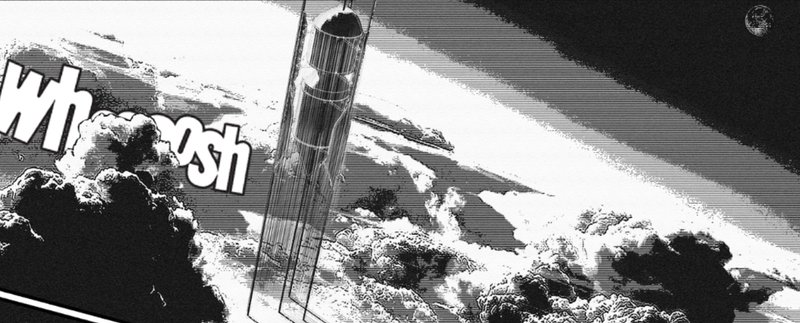 A space elevator climbs through Earth's atmosphere, powered by innovation.