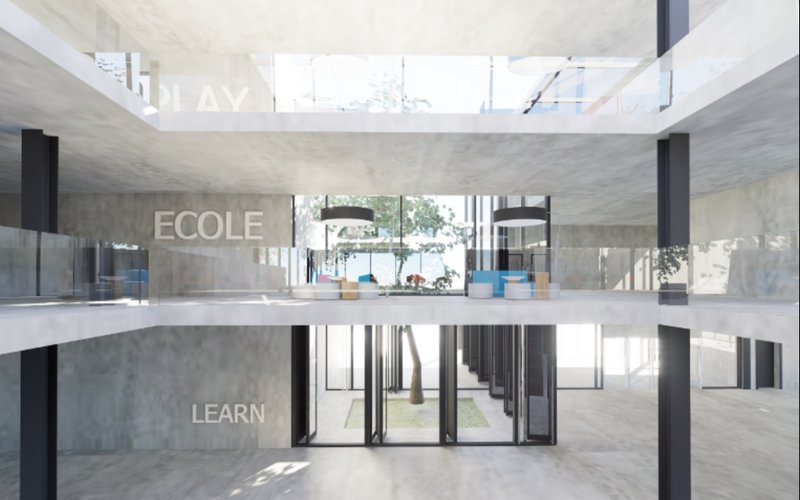 Central atrium showcasing sustainable design with visual and functional transparency.