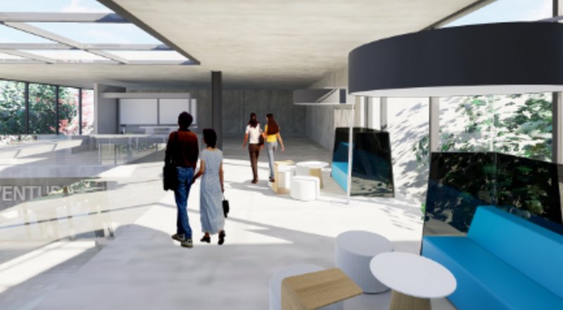 &nbsp;A spacious interior with open seating, fostering collaboration and natural light flow.