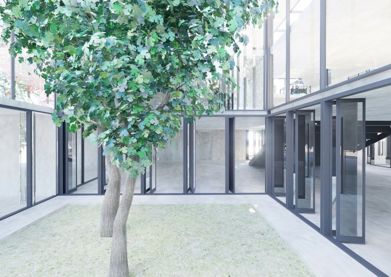 Green courtyard integrated seamlessly into the architectural design.