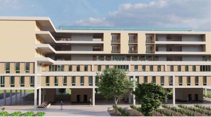 The facade showcases a seamless integration of form and function, blending modern architecture with sustainability.