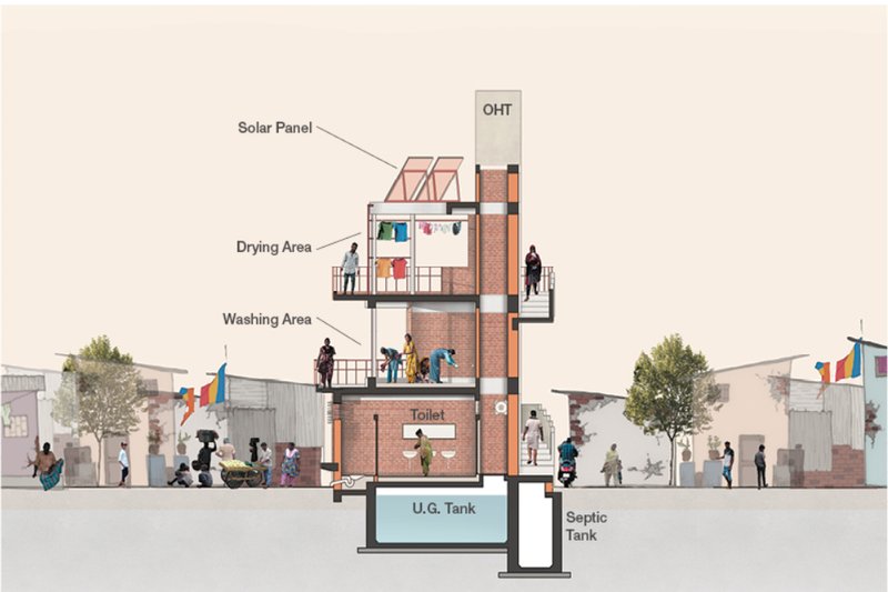 Section view of a Neighborhood Tower: integrating solar power, washing and drying areas.