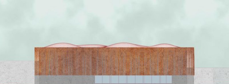 North elevation of the Remember Bhopal Memorial auditorium, showcasing a rusted steel facade with undulating rooflines.
