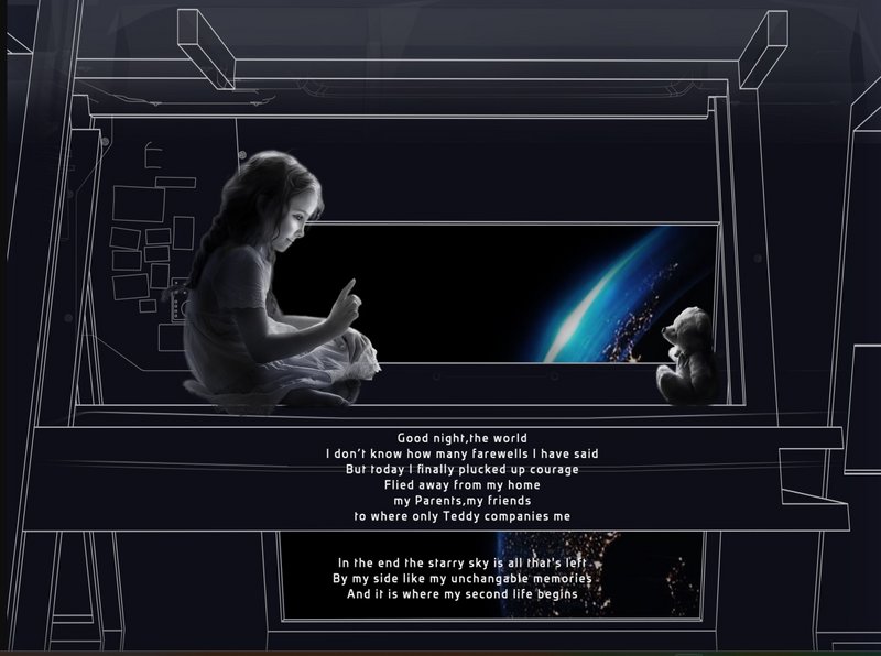 A young girl gazes into the infinite void of space from a thoughtfully designed living module.