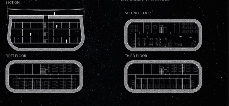 Detailed floor plans showcase multi-level living spaces for astronauts and researchers.