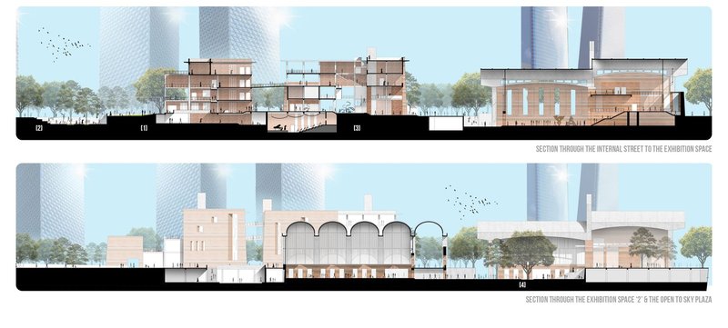 Sectional views showcasing the integration of internal streets, exhibition spaces.