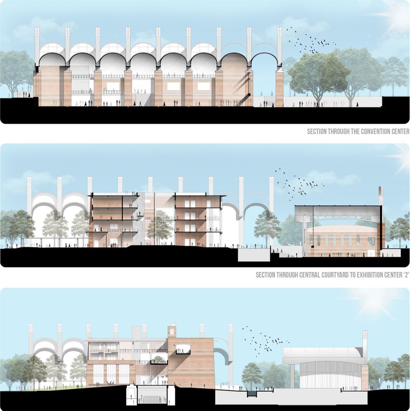 Sectional views illustrating the connectivity between the convention center, central courtyard, and exhibition spaces with open-to-sky elements.