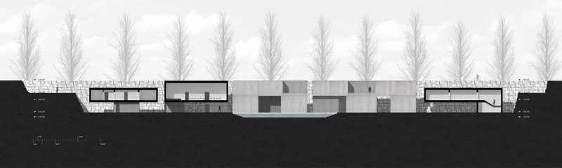 Sectional view highlighting integration of landscape and architecture.