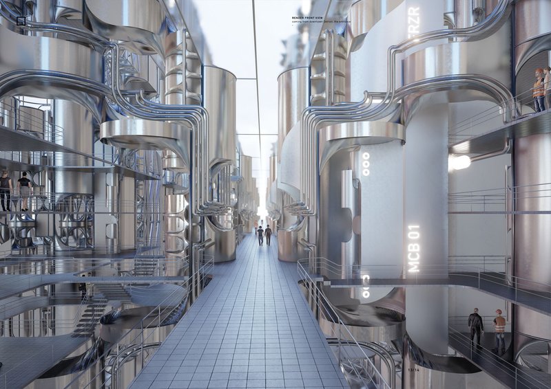 This rendering showcases the Meat Market's futuristic industrial aesthetic.