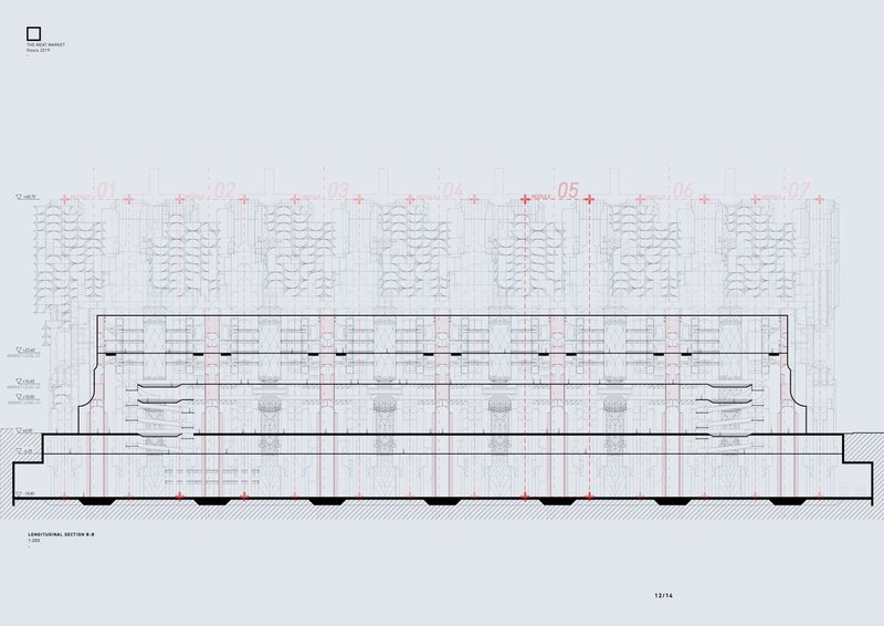 This longitudinal section of the Meat Market reveals its modular organization and layered functionality.