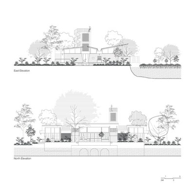 The image presents two architectural elevations, labeled "East Elevation" and "North Elevation," dep