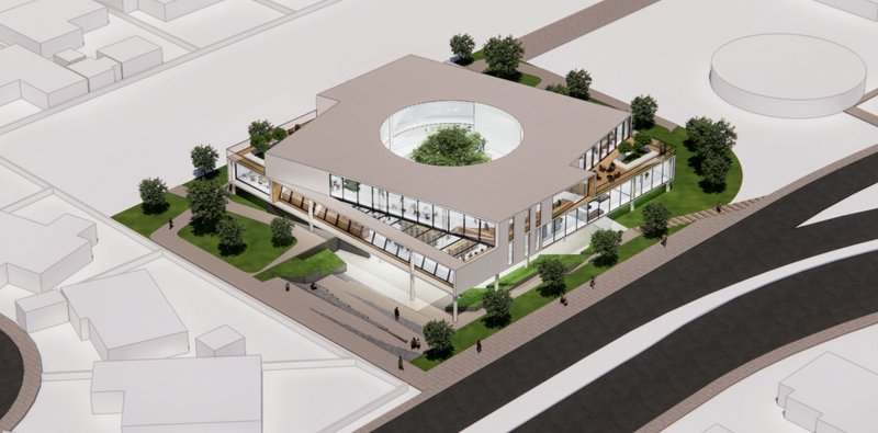 An aerial perspective of the library's innovative circular design, blending sustainability and aesthetics.