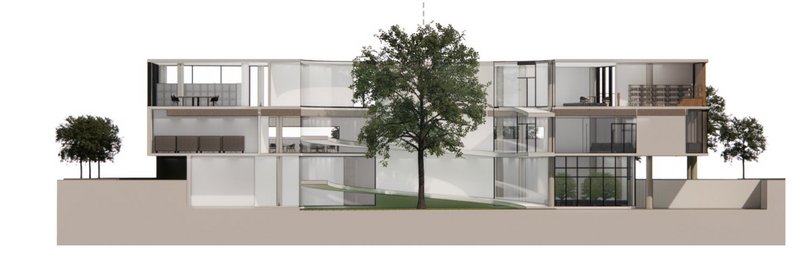 Cross-section view highlighting the library's eco-friendly design and functional layout, fostering community interaction.