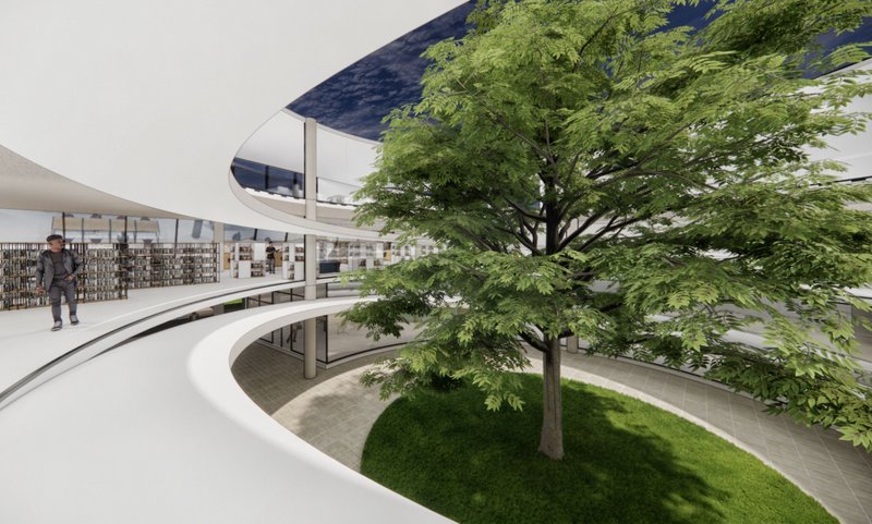Central courtyard with a flourishing tree, symbolizing life, knowledge, and community growth within the library.