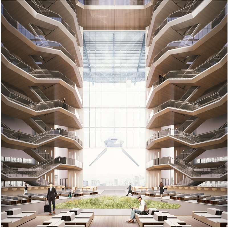 Sky Lobby: A harmonious blend of natural light, open spaces, and functional design, creating a hub for collaboration and relaxation above the city.