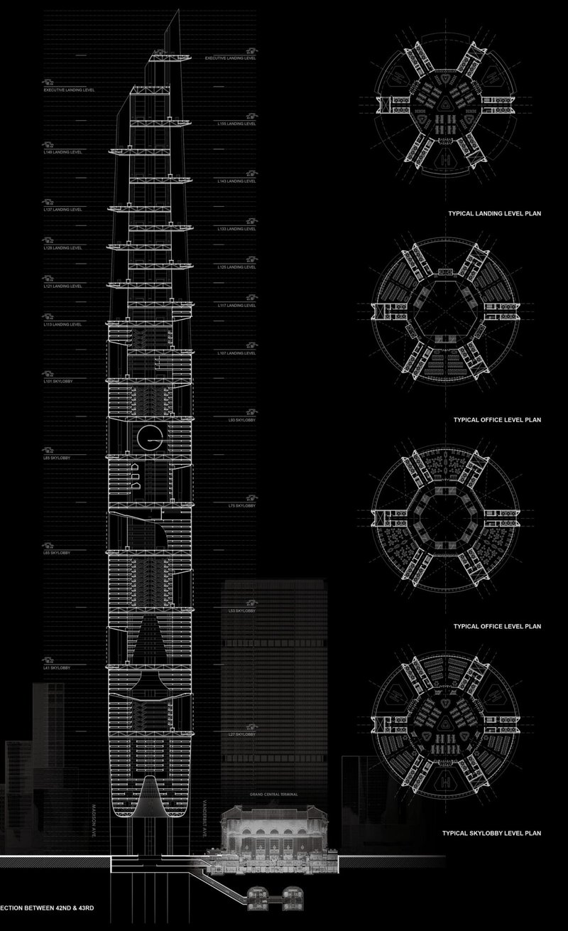 Detailed cross-sections and floor plans of the Aeroscraper showcase its innovative design, integrating vertical transit and multifunctional spaces.