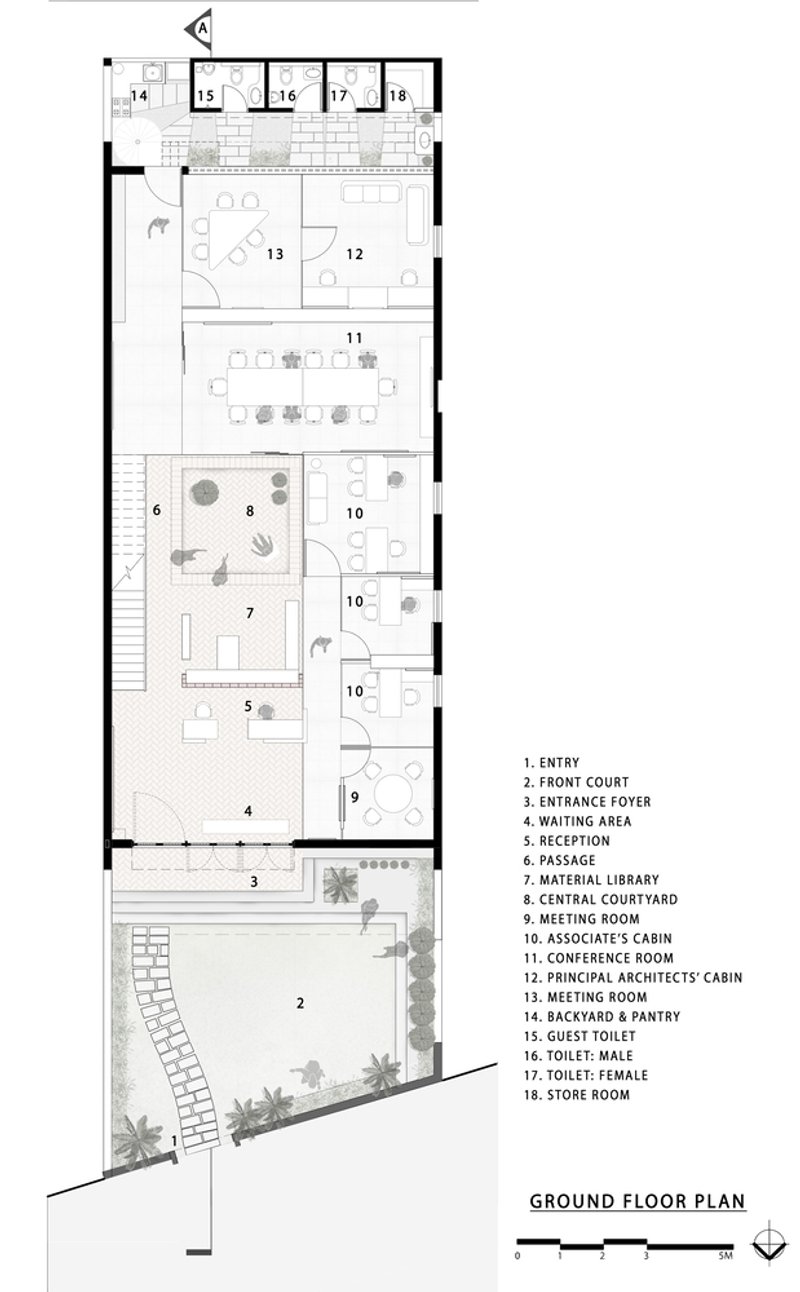 Ground floor plan showing entry sequence, central courtyard, and office spaces with furniture layouts