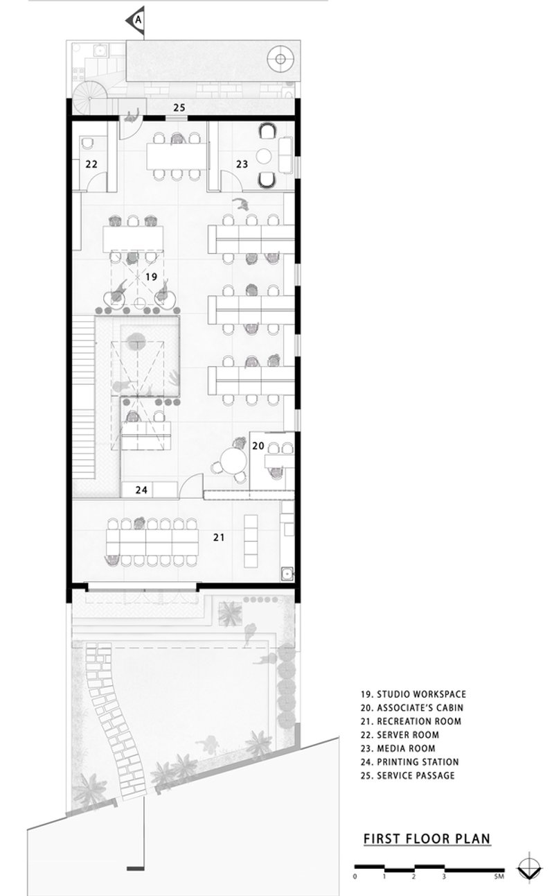 First floor plan indicating studio workspace, meeting rooms, and terraced front area with trees