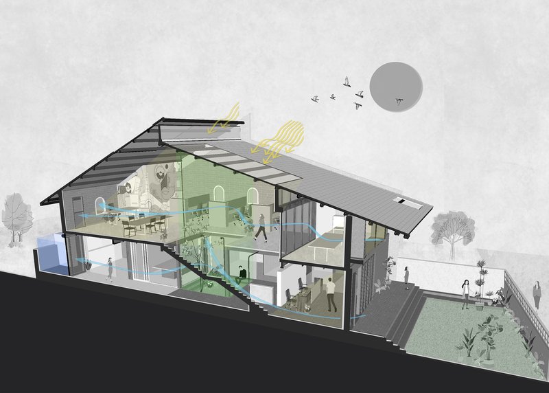 Section drawing showing the sloped roof, courtyard void, and interior circulation with figures and birds