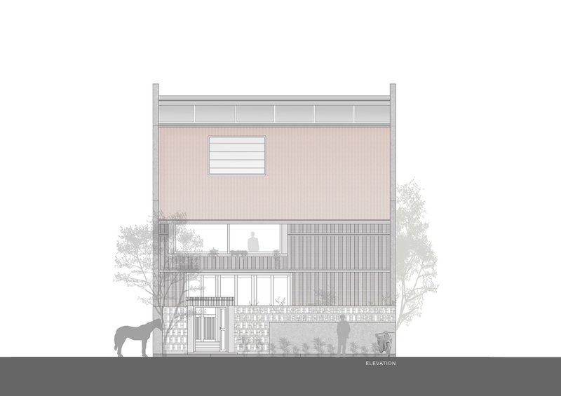 Elevation drawing showing a multi-story facade with varied materials and a horse standing at ground level