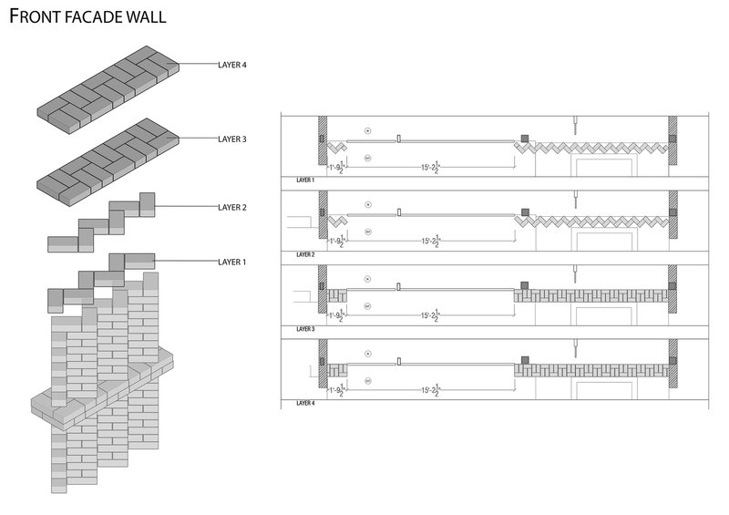Section drawings and axonometric views detailing the layered front facade wall construction with brick patterns