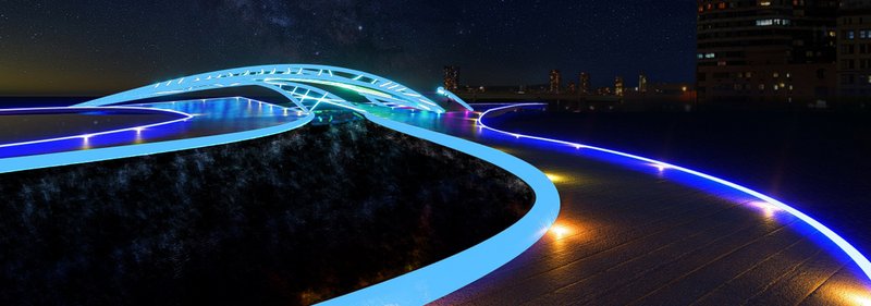Dynamic LED-lit pathways blending art and architecture in the Lightwell District.