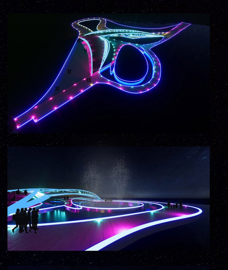 A breathtaking aerial view highlighting the vibrant lighting design of the Lightwell District.