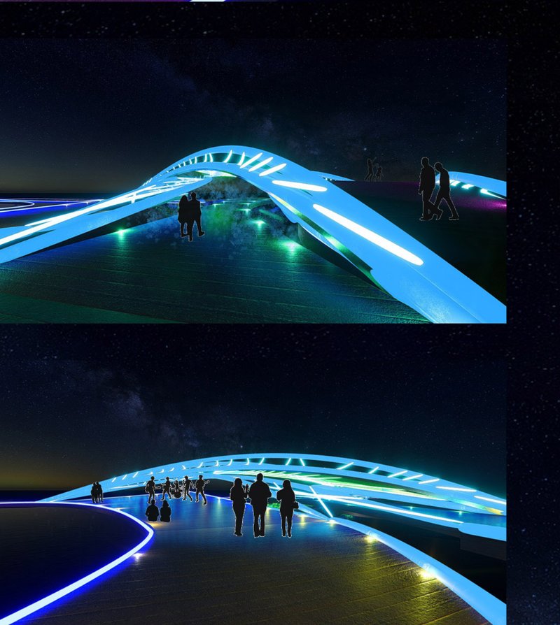 A glowing bridge inviting visitors to explore immersive experiences.
