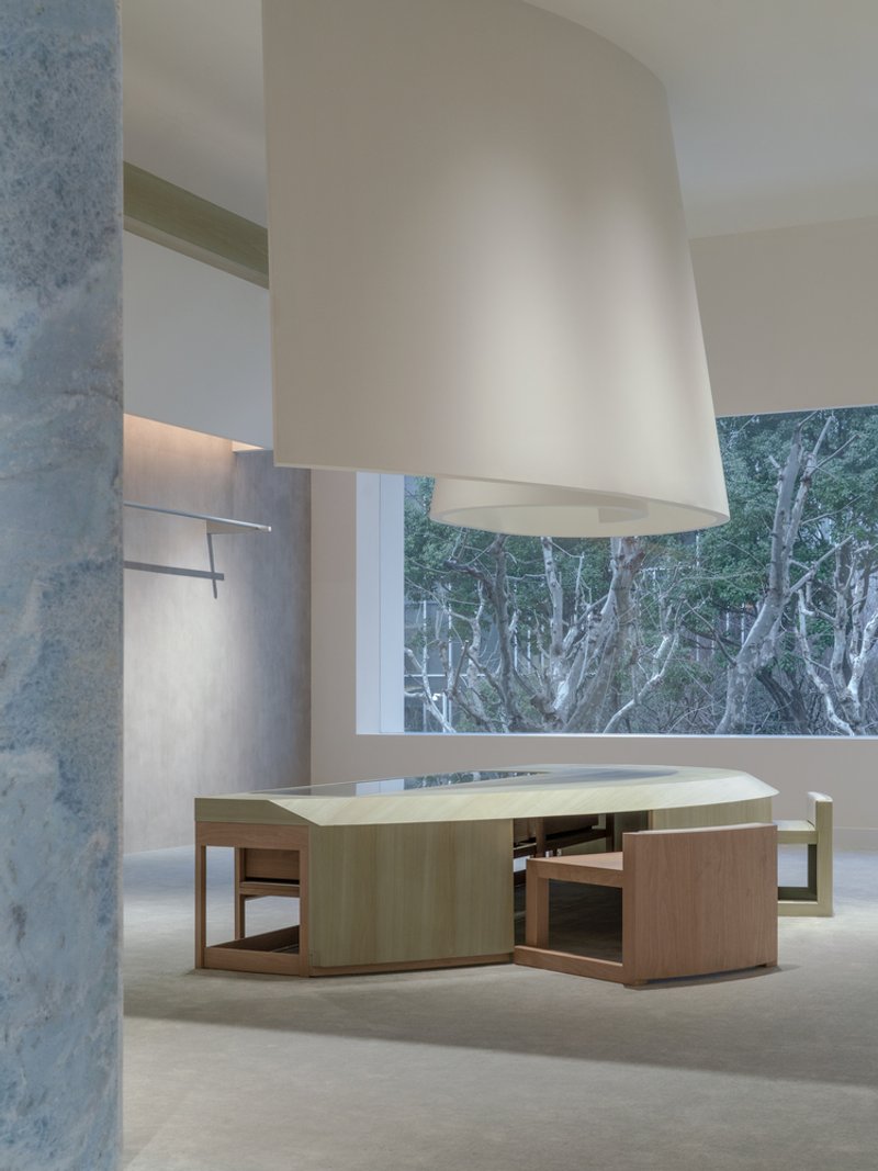 Reception desk with timber cabinetry and cylindrical white pendant beneath clerestory window framing tree branches