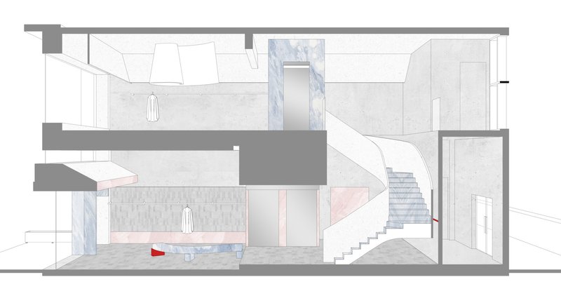 Section drawing showing a double-height retail space with a curved staircase connecting two levels
