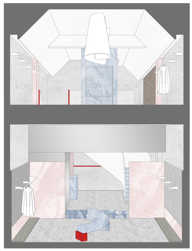 Interior elevation drawings depicting retail display areas with pendant lighting and pink paneling