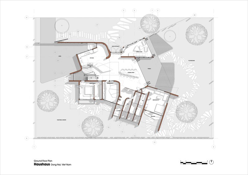 Ground floor plan drawing showing clustered angular volumes around courtyards and surrounding landscape