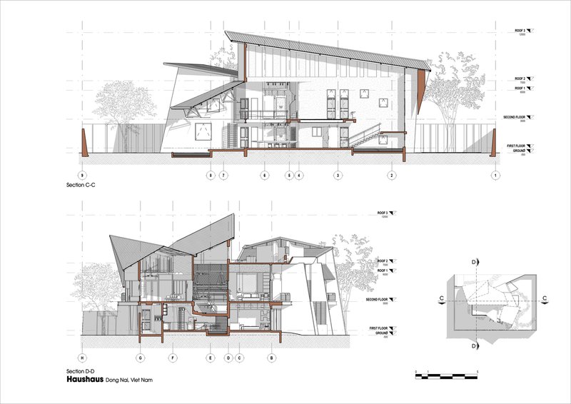 Section drawings showing the residential layout with faceted roof forms and timber structural supports