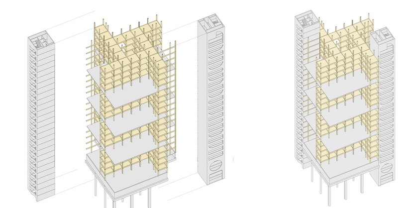 Innovative hybrid structure combining concrete and wooden frameworks for stability and sustainability.