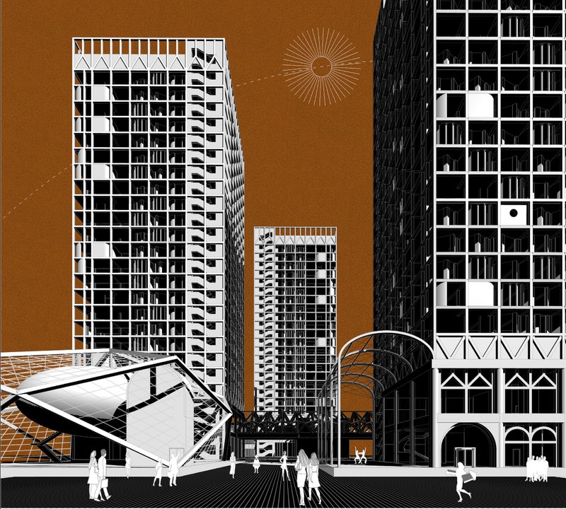 The towering ZIL-ART-WOOD-CO-LIVE buildings showcasing modern architectural elements.