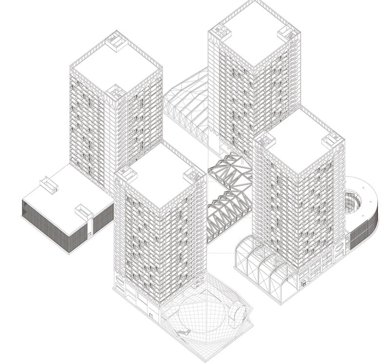 An aerial layout of the residential complex with interconnected galleries symbolizing "root systems.