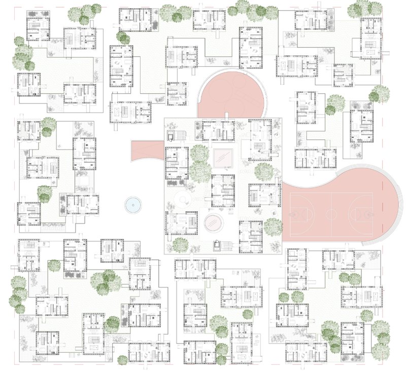 The schematic diagram underlines the strategic planning of communal and recreational areas, ensuring accessibility for all.