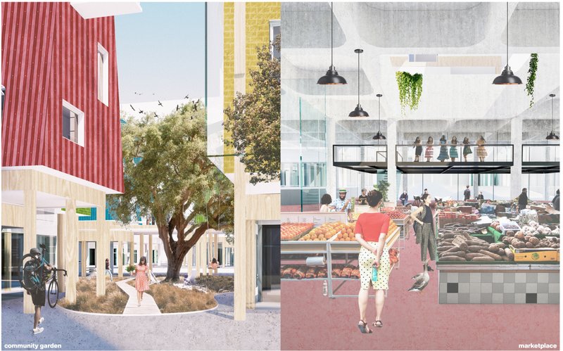 A vibrant community garden encourages social interactions, while the marketplace fosters local trade and connection among residents.