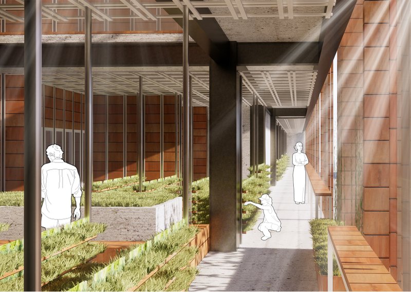 A sunlight-filled corridor where residents engage in farming activities, emphasizing sustainability and community.