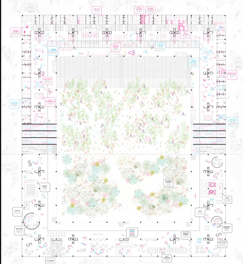 A variety of rentable workspaces tailored for productivity and networking within a modern co-living environment.