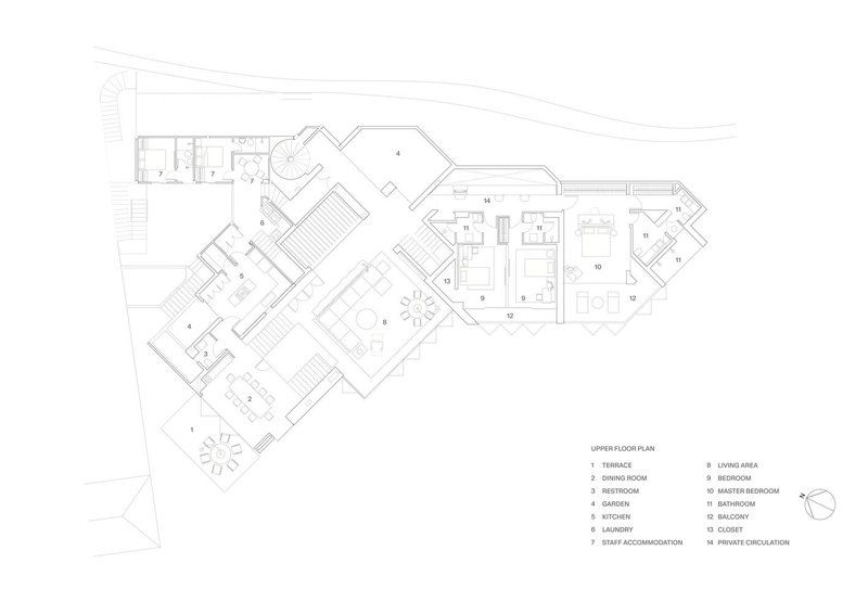 Upper floor plan drawing showing an angular layout with dining room, kitchen, bedrooms and staff areas