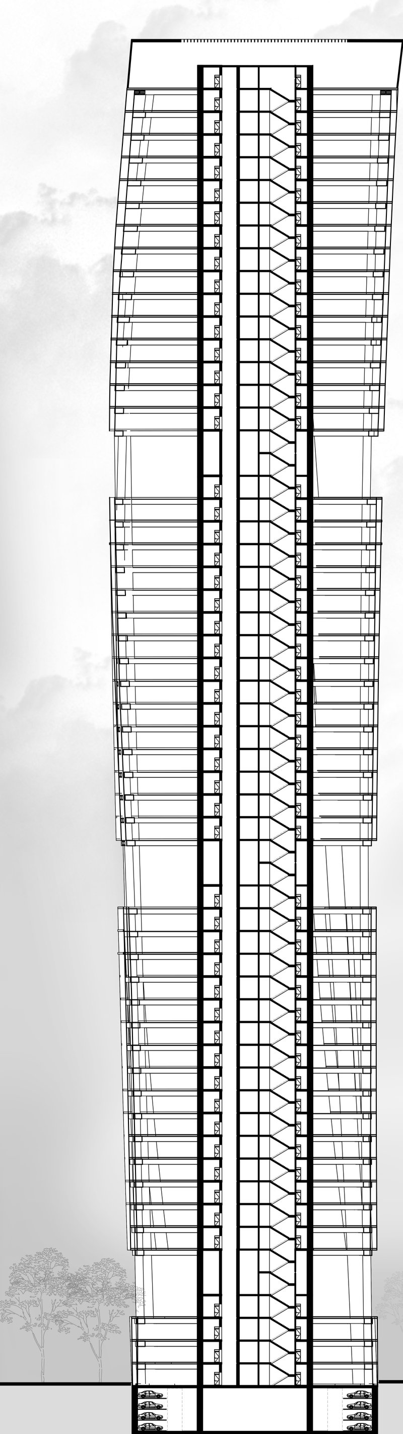 A comprehensive section view illustrating the high-rise's structural and functional design.