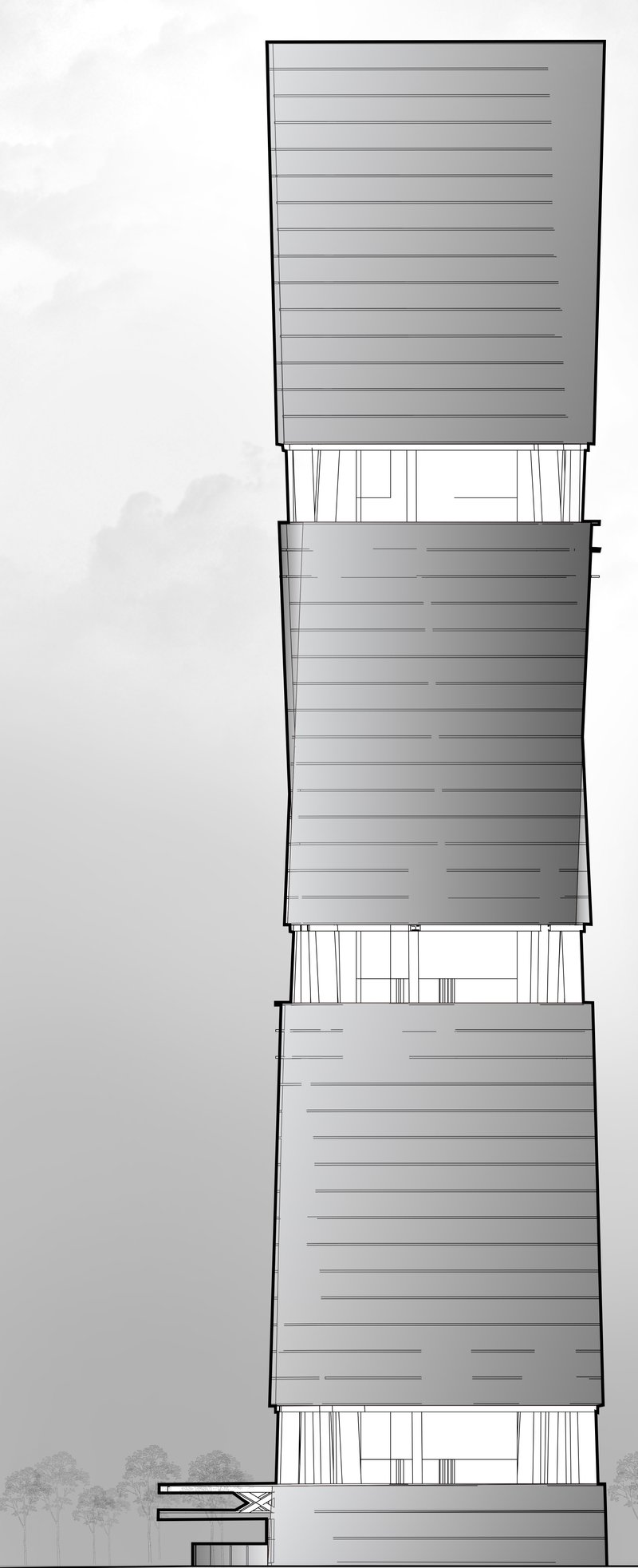 A side elevation showcasing the high-rise's innovative facade and vertical symmetry.