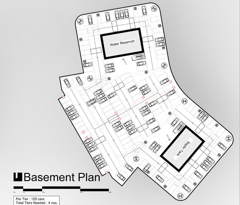 Efficiently planned basement space with designated parking and water reservoir systems.