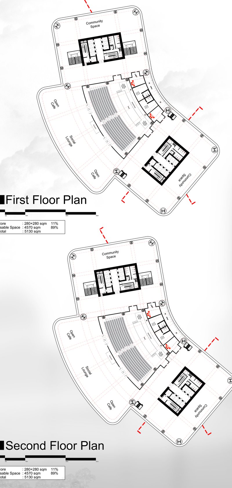 Detailed layout of the first and second floors highlighting open cafe spaces and community areas.