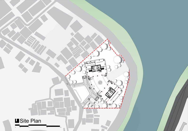 An aerial view of the high-rise's integration into the Hatir Jheel surroundings, highlighting access points and landscaping.
