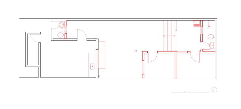 Longitudinal section: existing house at left, courtyard garden in centre, elevated atelier at right with translucent roof