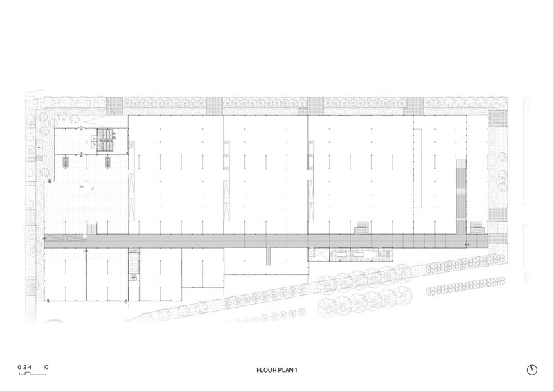 Floor plan drawing showing three rectangular greenhouse bays with tree plantings along the perimeter